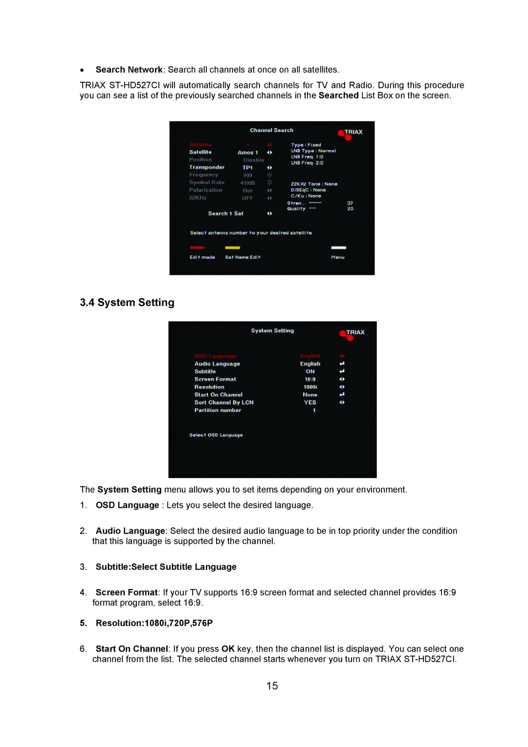 Triax ST-HD527CI manual System Setting, SubtitleSelect Subtitle Language 