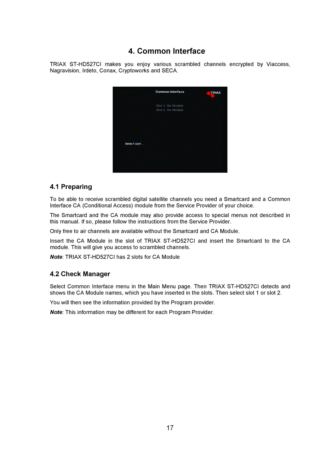 Triax ST-HD527CI manual Common Interface, Preparing, Check Manager 