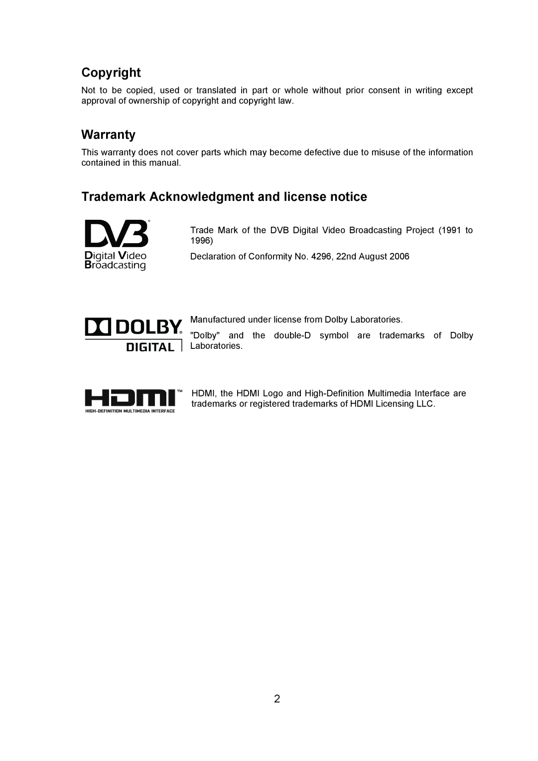 Triax ST-HD527CI manual Copyright, Warranty, Trademark Acknowledgment and license notice 