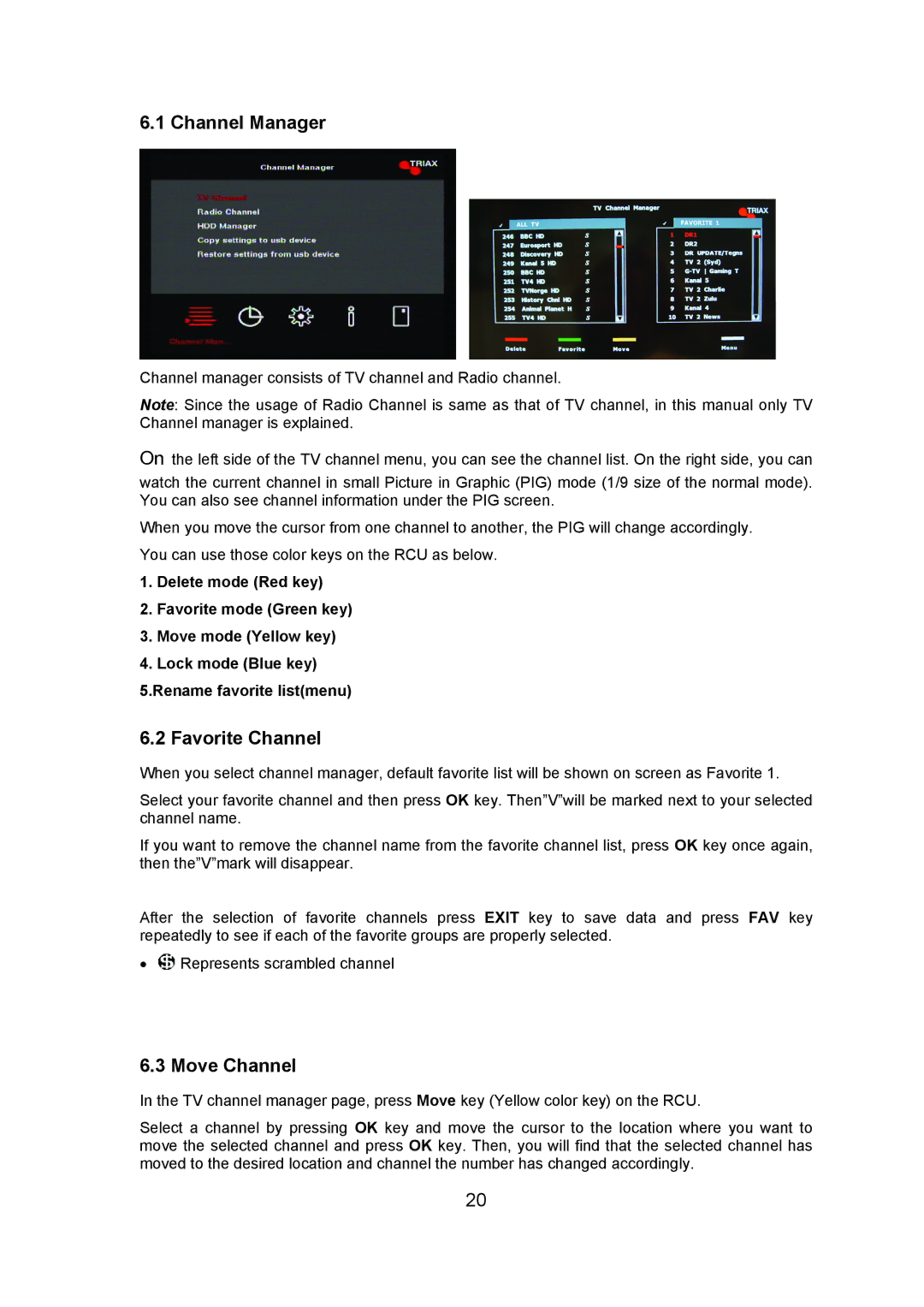 Triax ST-HD527CI manual Channel Manager, Favorite Channel, Move Channel 