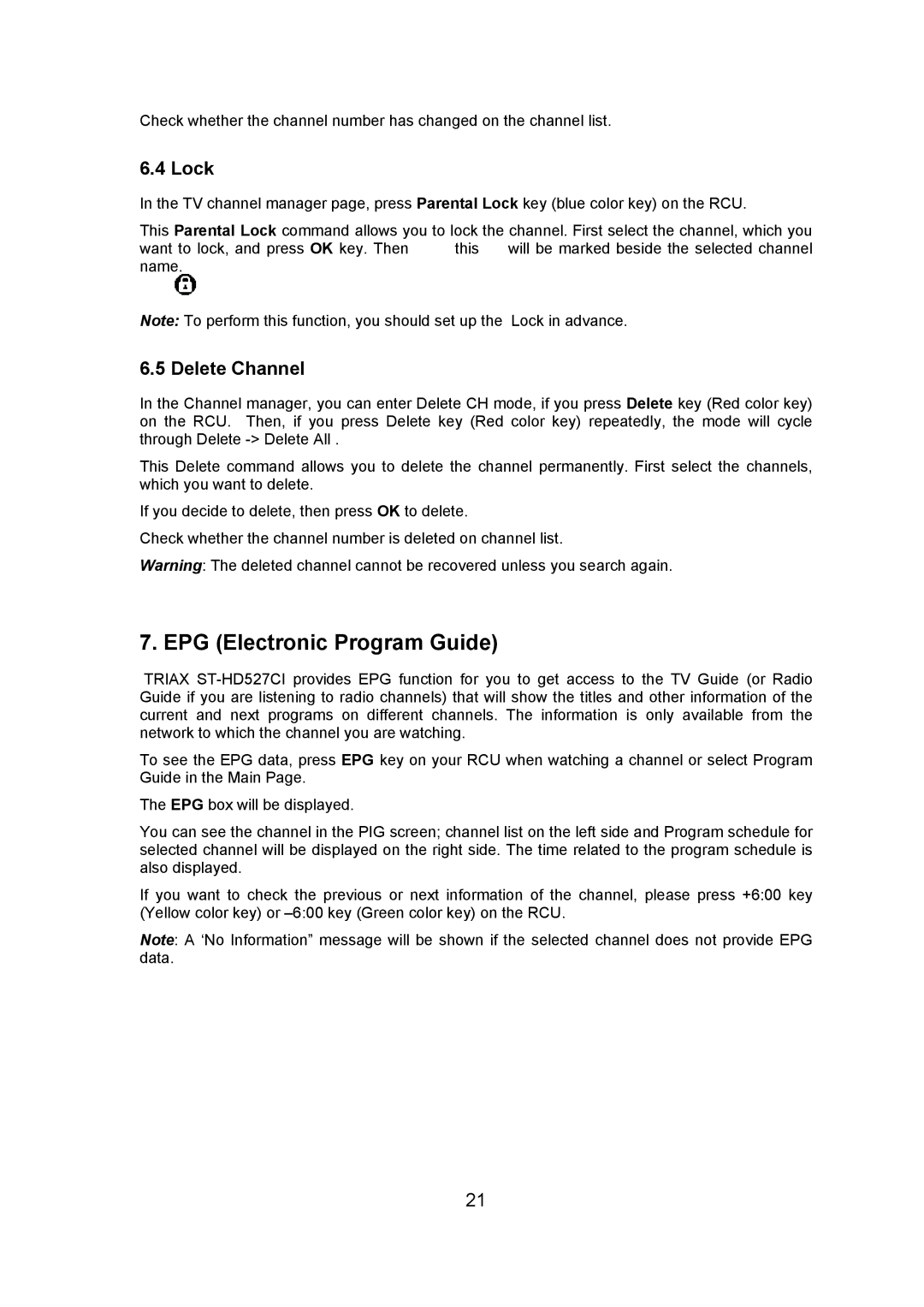 Triax ST-HD527CI manual EPG Electronic Program Guide, Lock, Delete Channel 