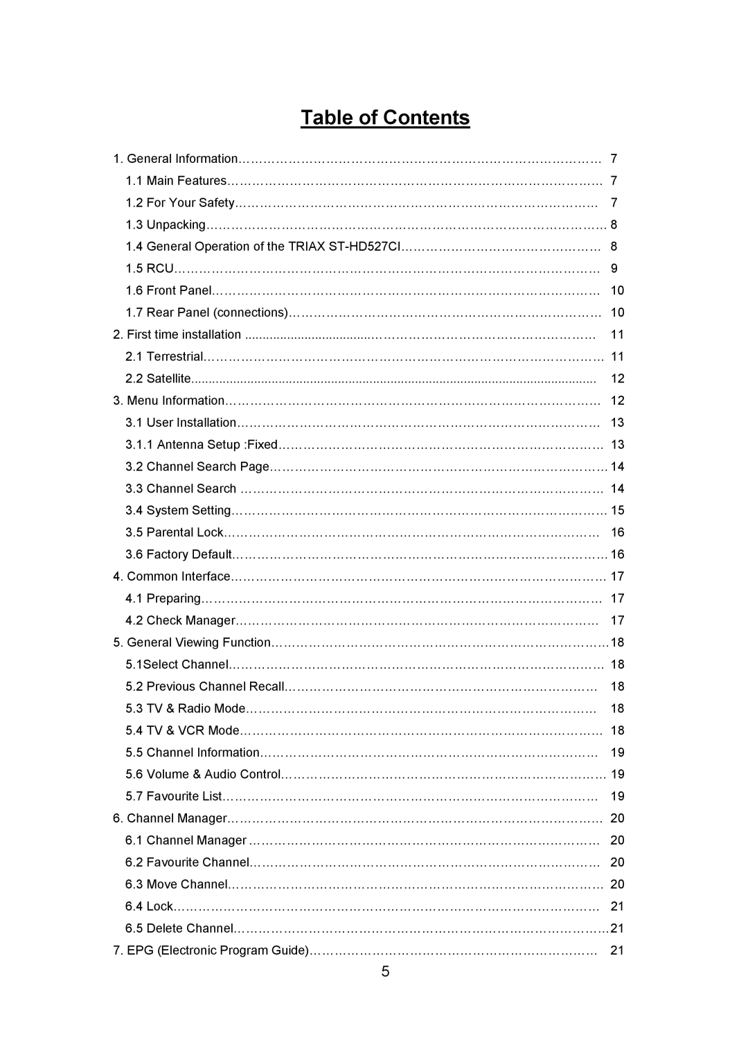 Triax ST-HD527CI manual Table of Contents 