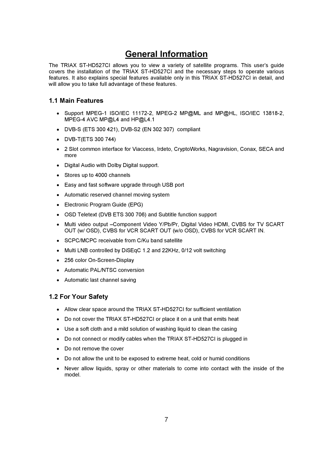 Triax ST-HD527CI manual Main Features, For Your Safety 