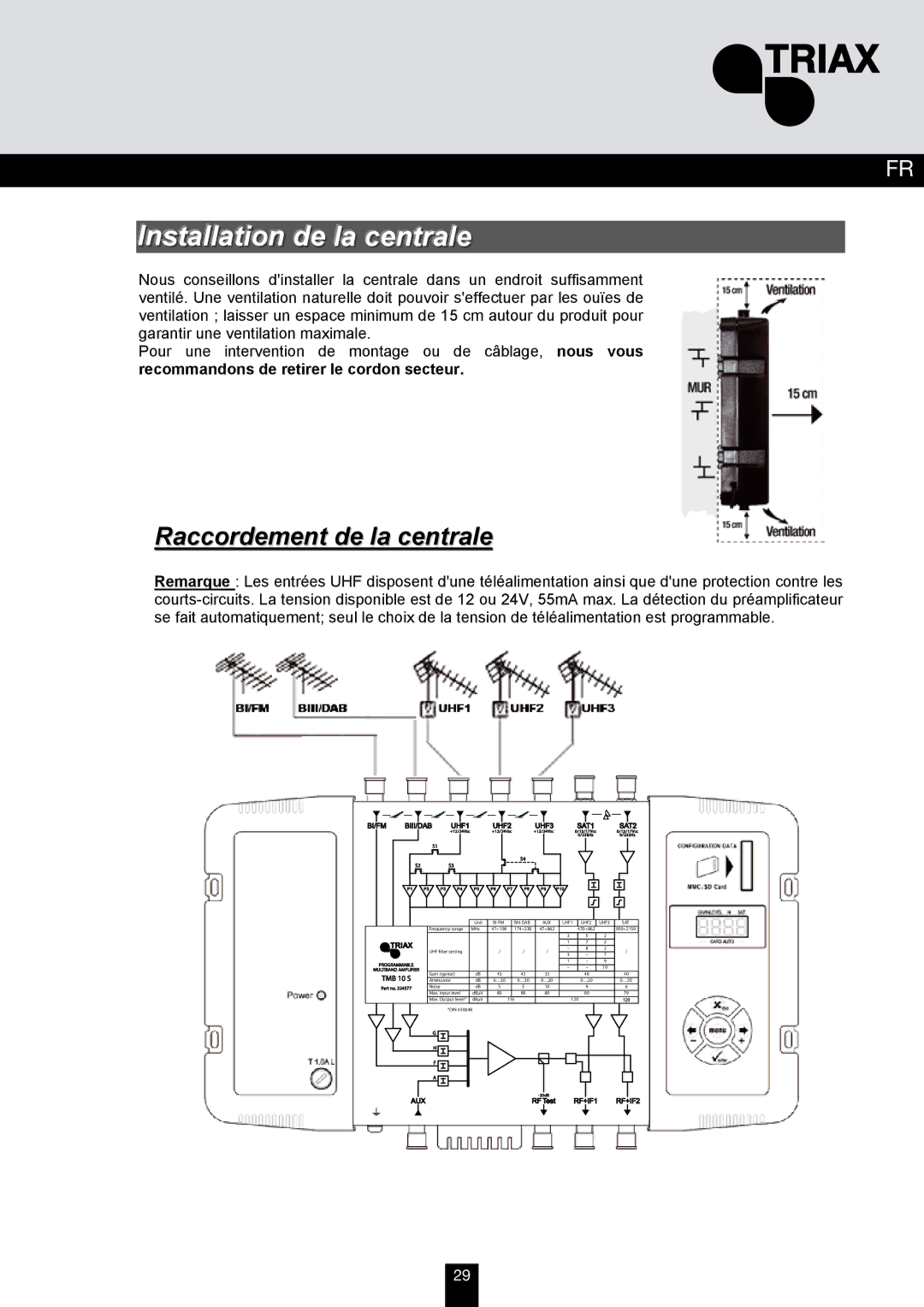 Triax TMB 10B, TMB 10A, TMB 10S manual Installation de la centrale, Raccordement de la centrale 