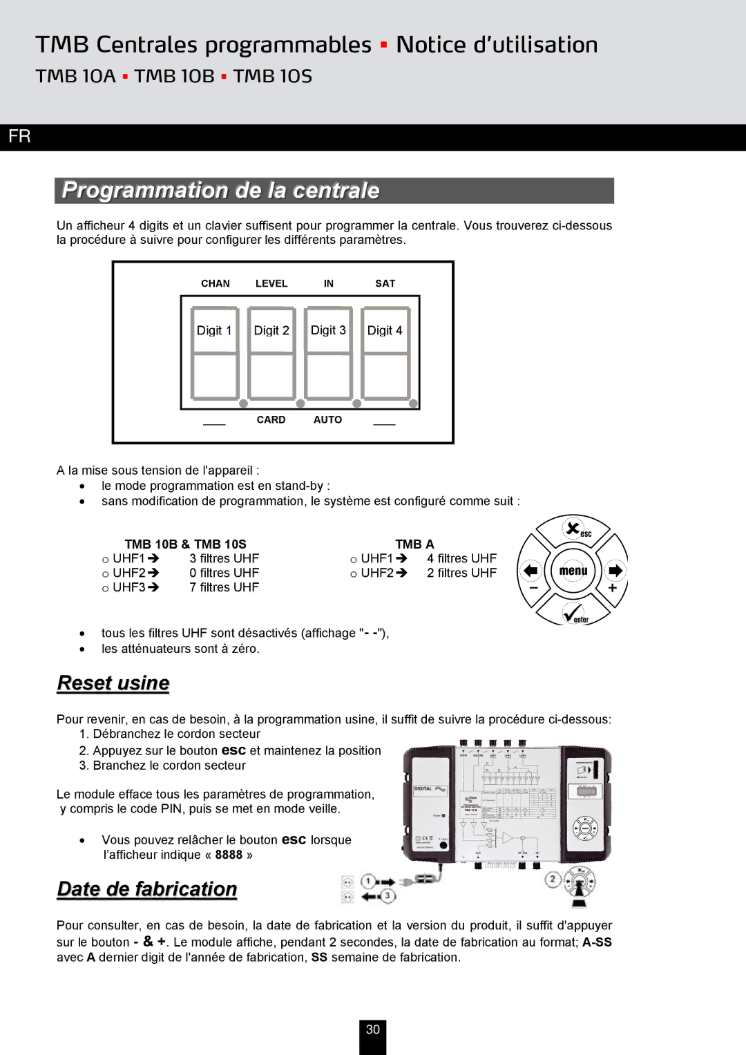 Triax TMB 10A manual Programmation de la centrale, Reset usine, Date de fabrication, TMB 10B & TMB 10S 