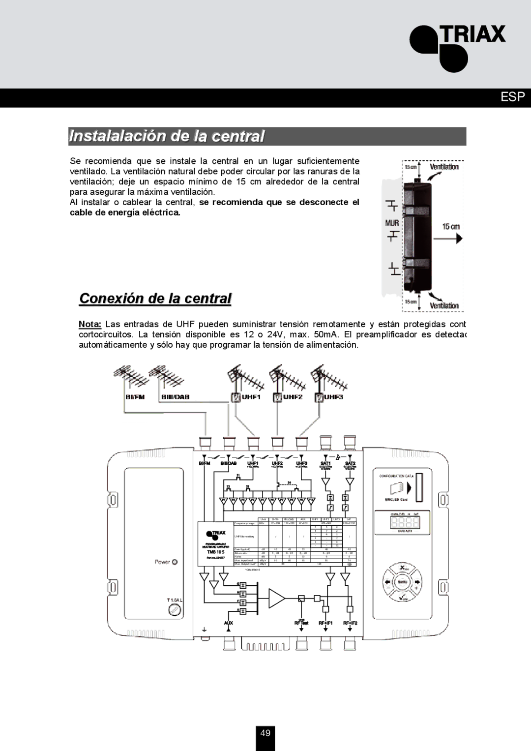 Triax TMB 10S, TMB 10A, TMB 10B manual Instalalación de la central, Conexión de la central 