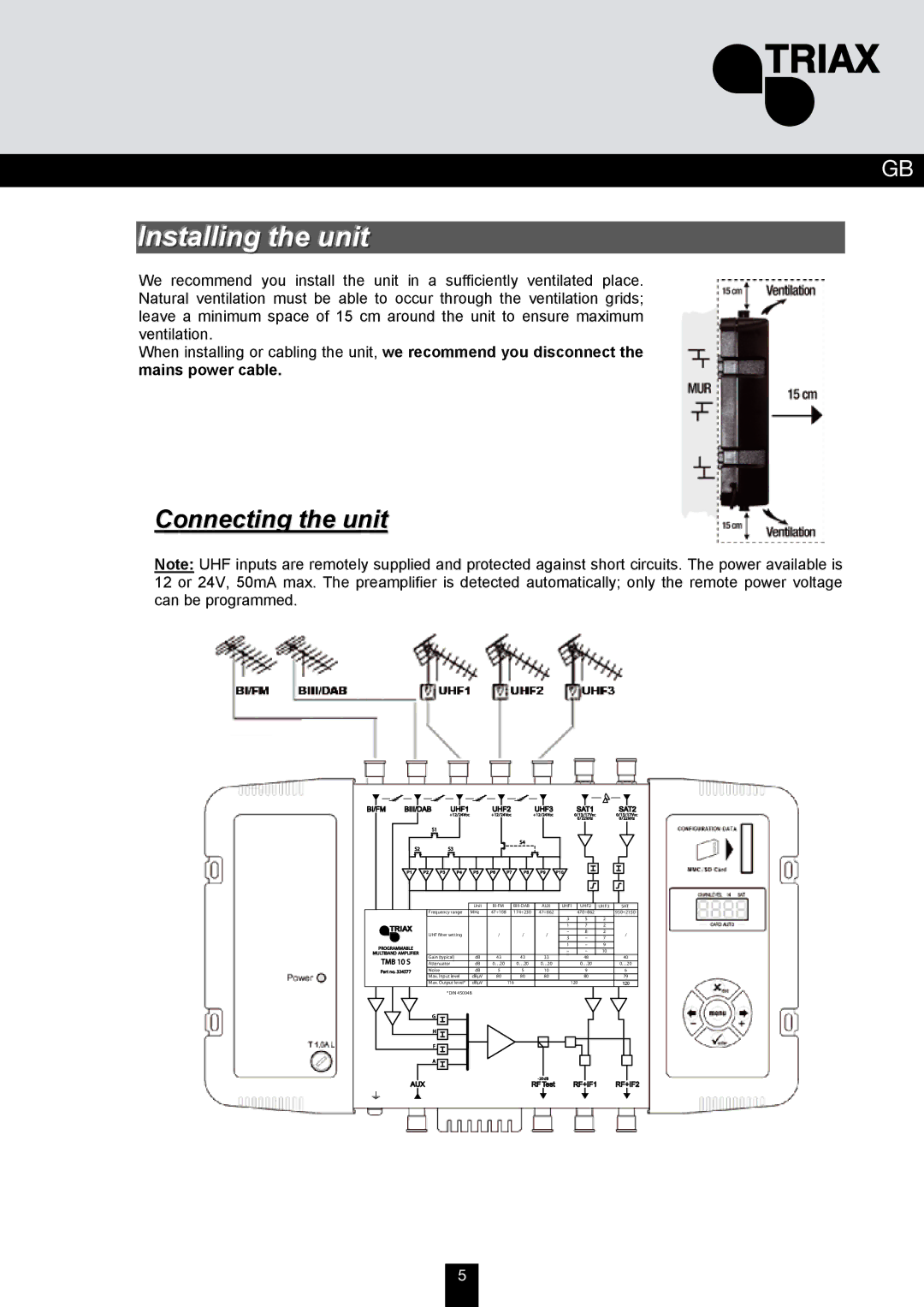 Triax TMB 10B, TMB 10A, TMB 10S manual Installing the unit, Connecting the unit 