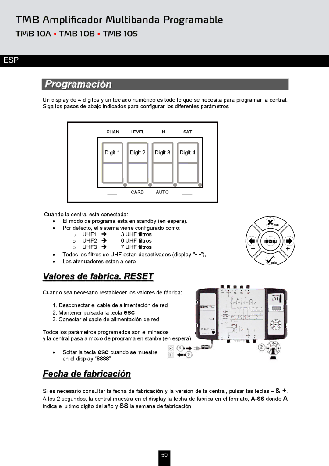 Triax TMB 10B, TMB 10A, TMB 10S manual Programación, Valores de fabrica. Reset, Fecha de fabricación, UHF filtros 