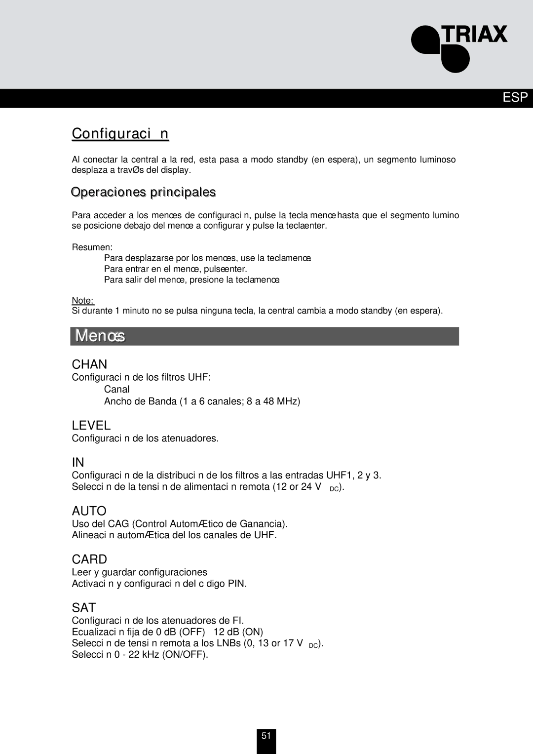 Triax TMB 10A, TMB 10S, TMB 10B manual Menús, Configuración, Operaciones principales, Resumen 