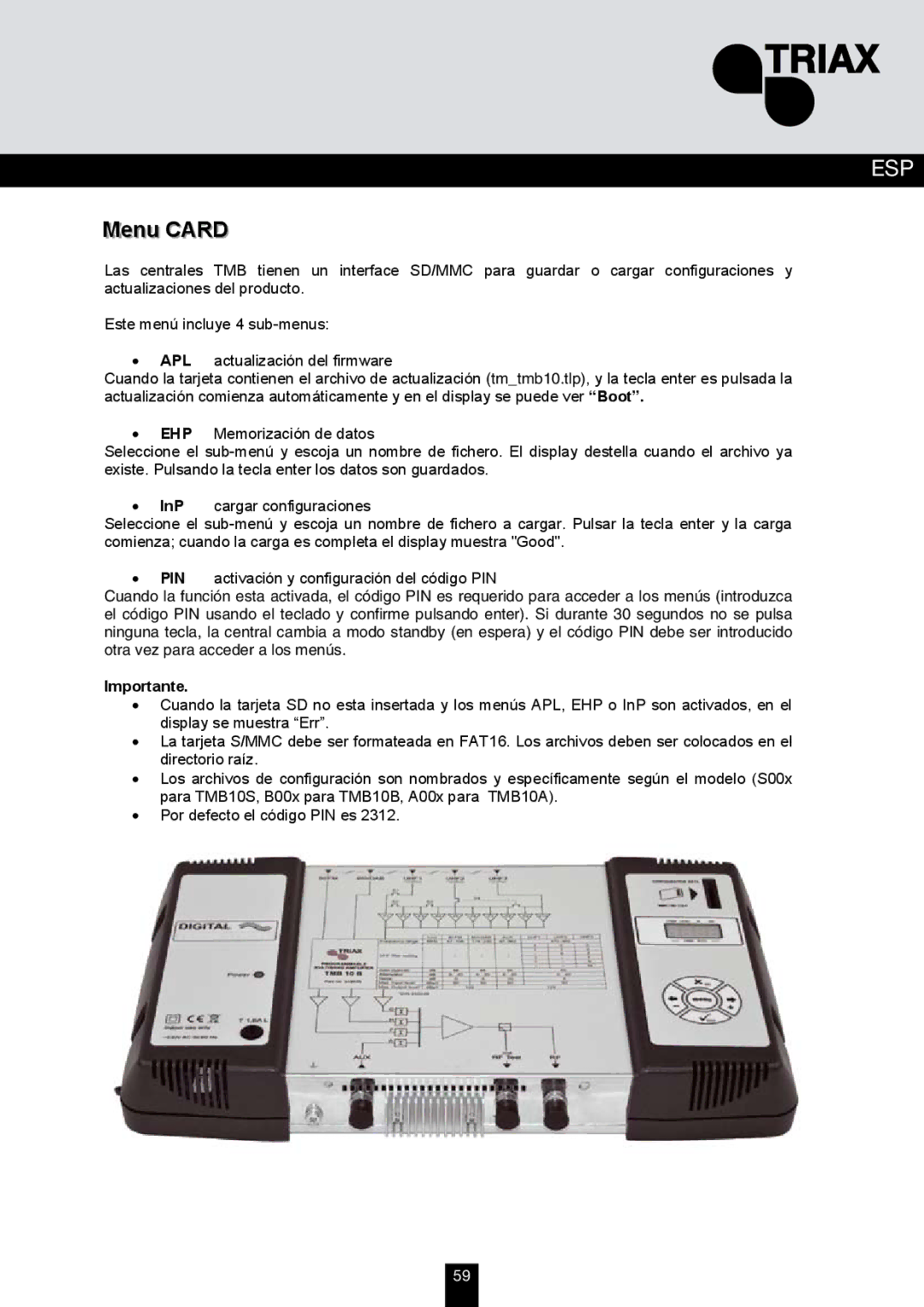 Triax TMB 10B, TMB 10A, TMB 10S manual Menu Card, Importante 