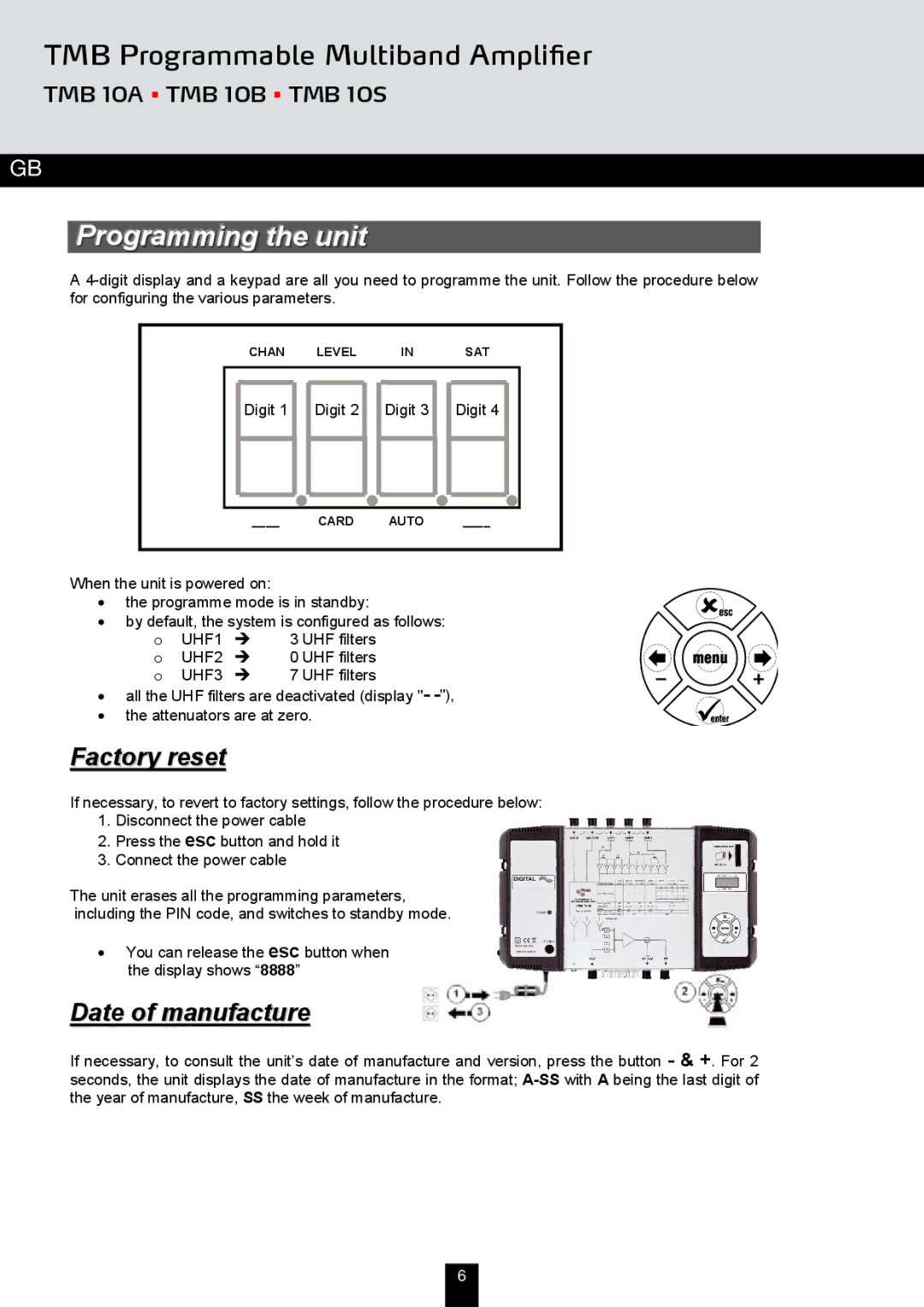 Triax TMB 10A, TMB 10S, TMB 10B manual Programming the unit, Factory reset, Date of manufacture, Digit, UHF filters 