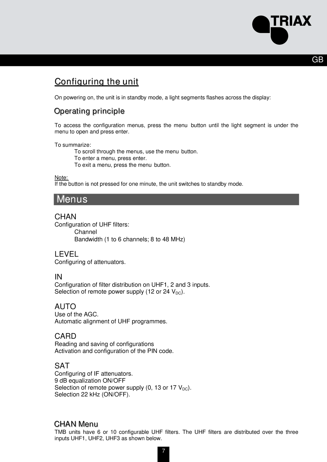 Triax TMB 10S, TMB 10A, TMB 10B manual Menus, Configuring the unit, Operating principle, Chan Menu, To summarize 