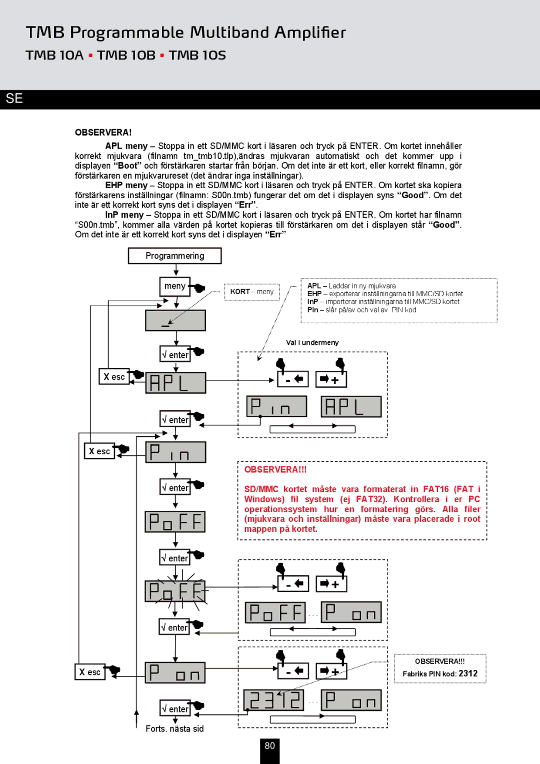 Triax TMB 10B, TMB 10A, TMB 10S manual Observera, √ enter Forts. nästa sid 