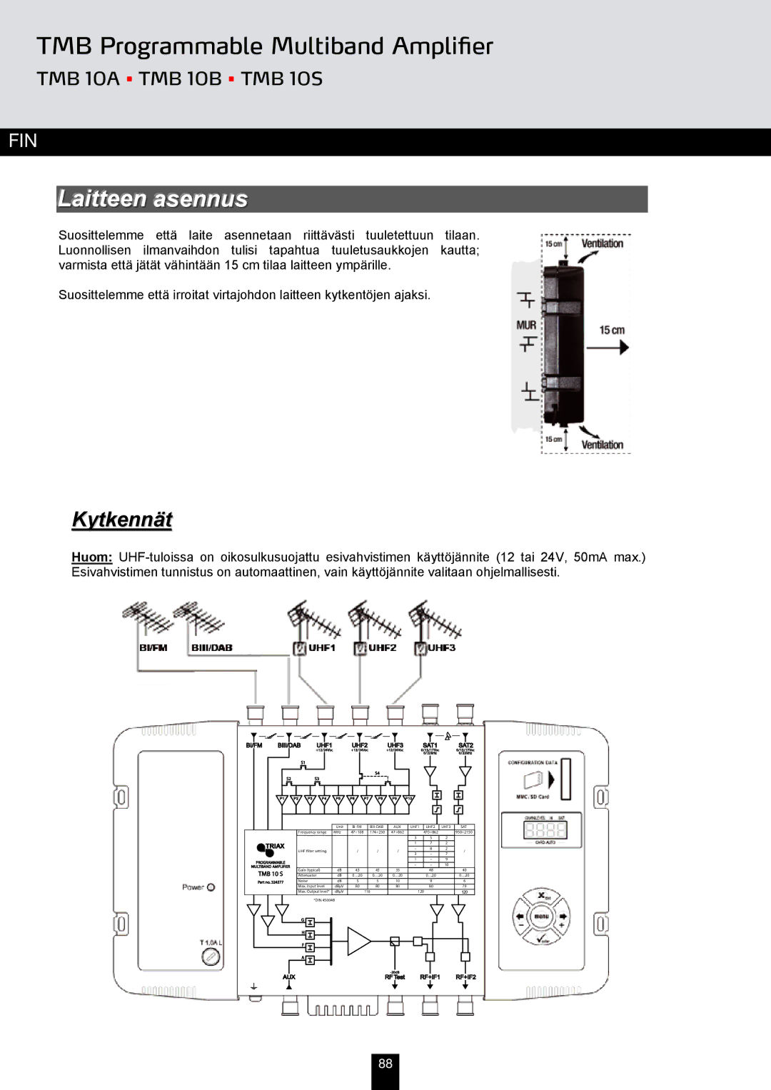 Triax TMB 10S, TMB 10A, TMB 10B manual Laitteen asennus, Kytkennät 