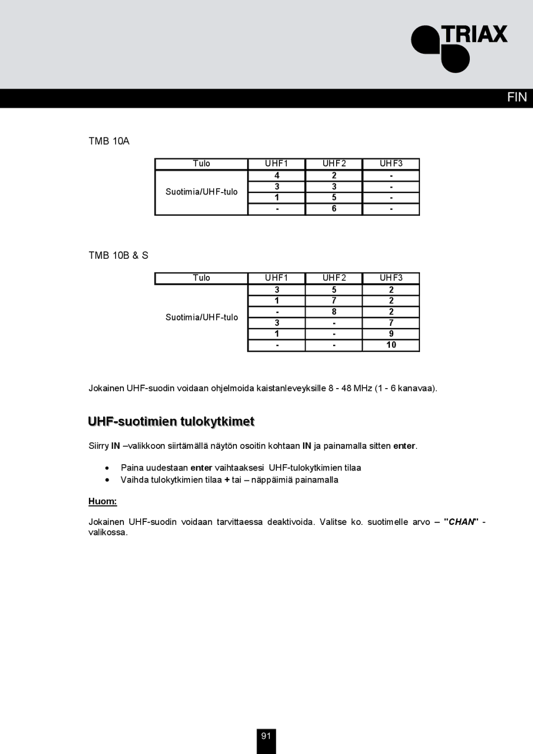 Triax TMB 10S, TMB 10A, TMB 10B manual UHF-suotimien tulokytkimet, Tulo, Suotimia/UHF-tulo 