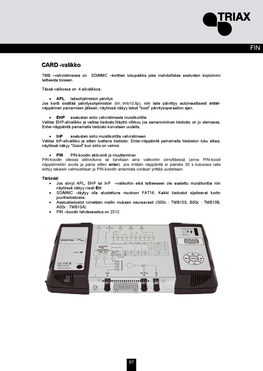 Triax TMB 10S, TMB 10A, TMB 10B manual Card -valikko 