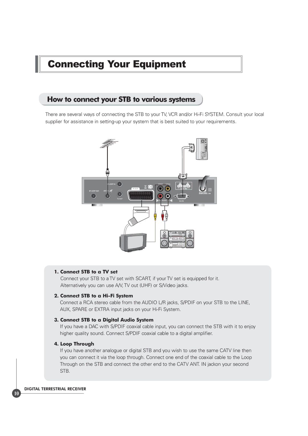 Triax TR 305 manual Connecting Your Equipment, How to connect your STB to various systems 