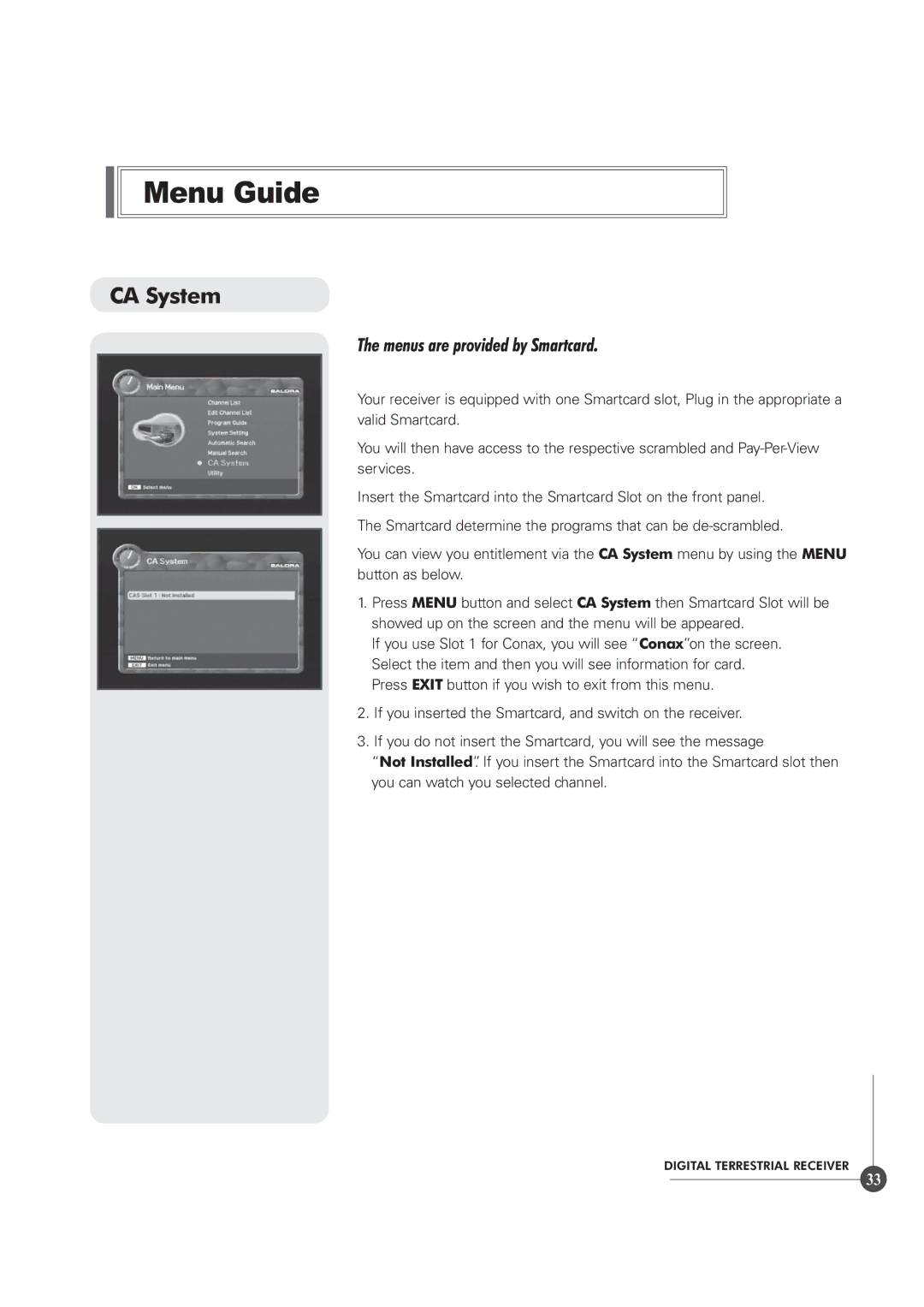 Triax TR 305 manual CA System, Menus are provided by Smartcard 