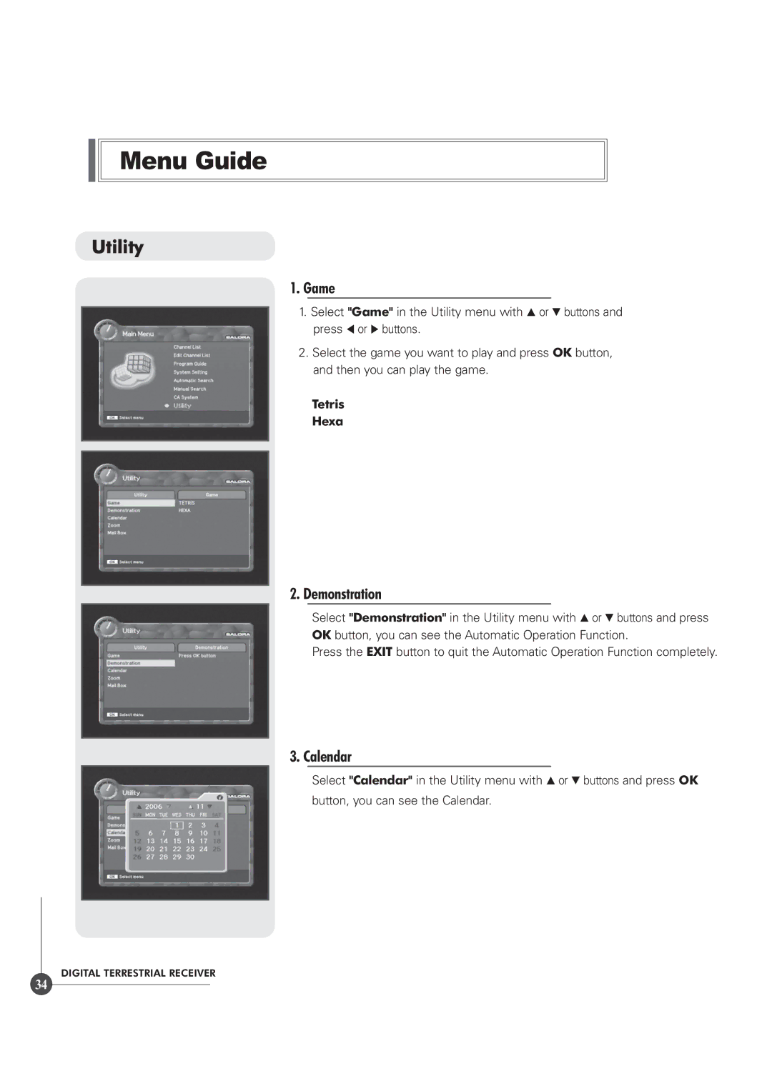 Triax TR 305 manual Utility, Game, Demonstration, Calendar 