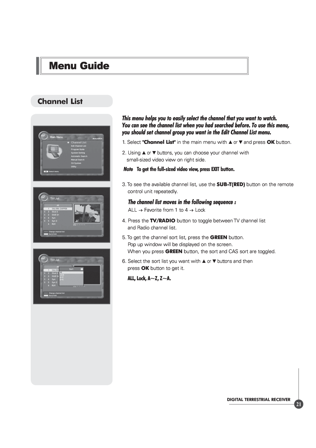 Triax TR 305 manual Channel List, The channel list moves in the following sequence, Menu Guide 