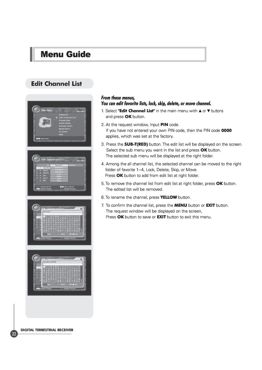 Triax TR 305 manual Edit Channel List, From these menus, You can edit favorite lists, lock, skip, delete, or move channel 