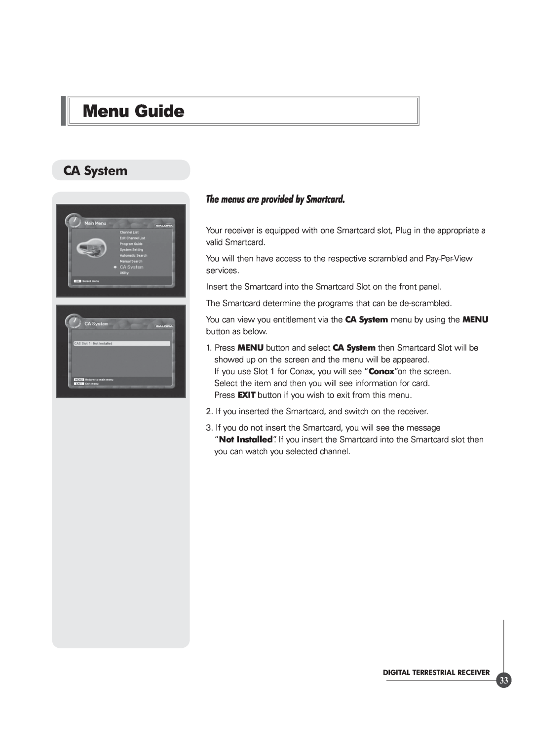 Triax TR 305 manual CA System, The menus are provided by Smartcard, Menu Guide 