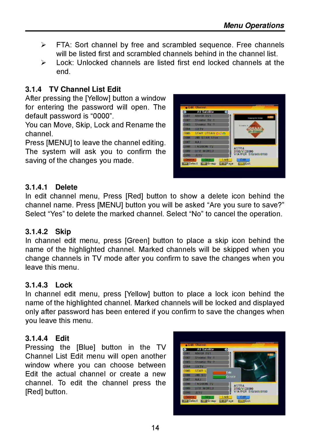 Triax TSR 1000 manual TV Channel List Edit, Delete, Skip, Lock 