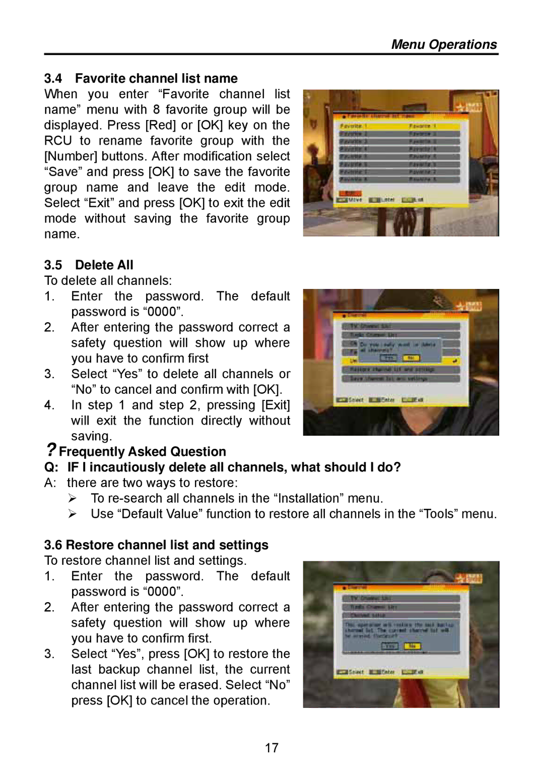 Triax TSR 1000 manual Favorite channel list name, Delete All 
