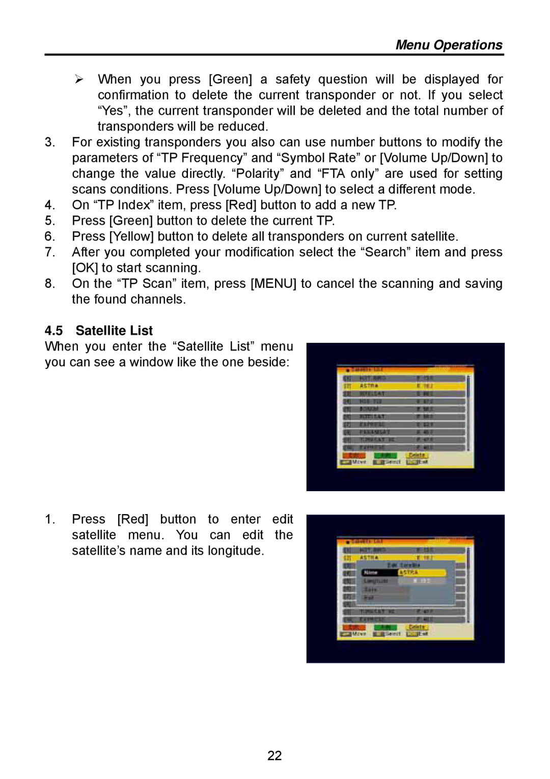 Triax TSR 1000 manual Satellite List 