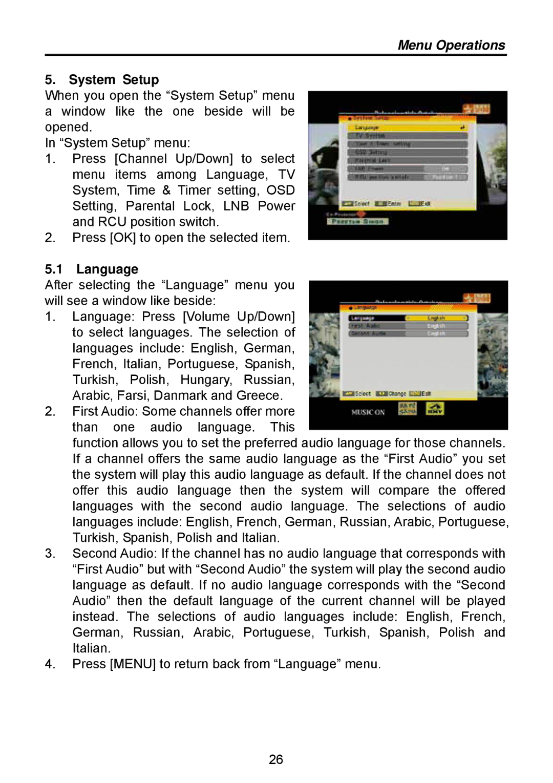 Triax TSR 1000 manual System Setup, Language 