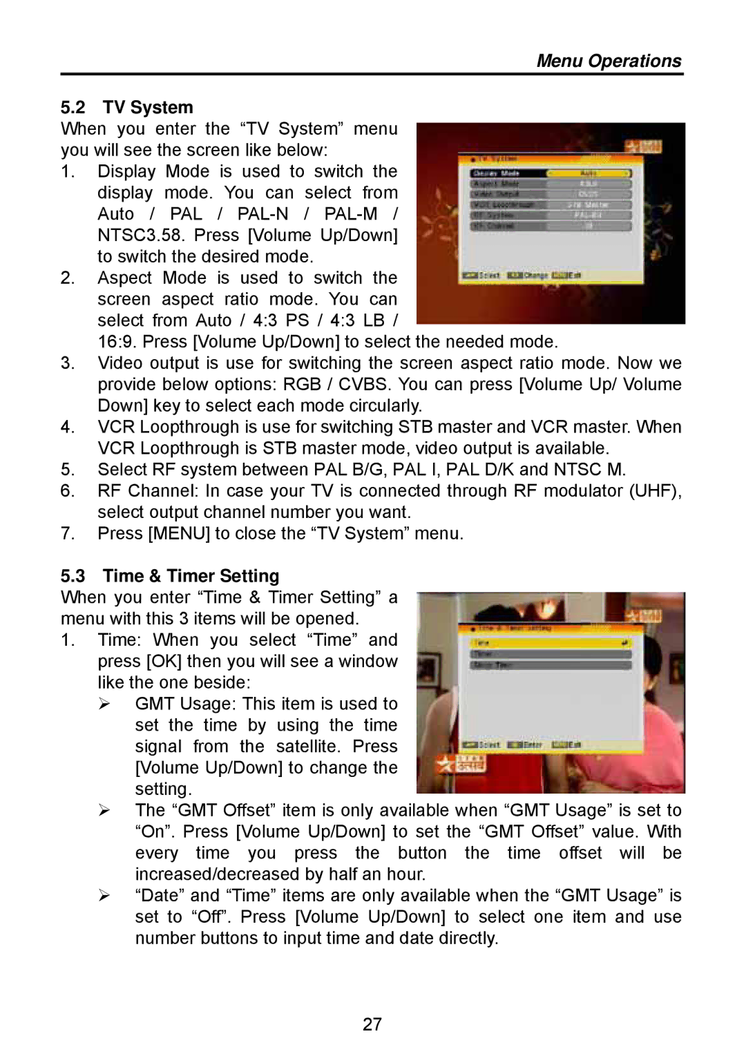 Triax TSR 1000 manual TV System, Time & Timer Setting 