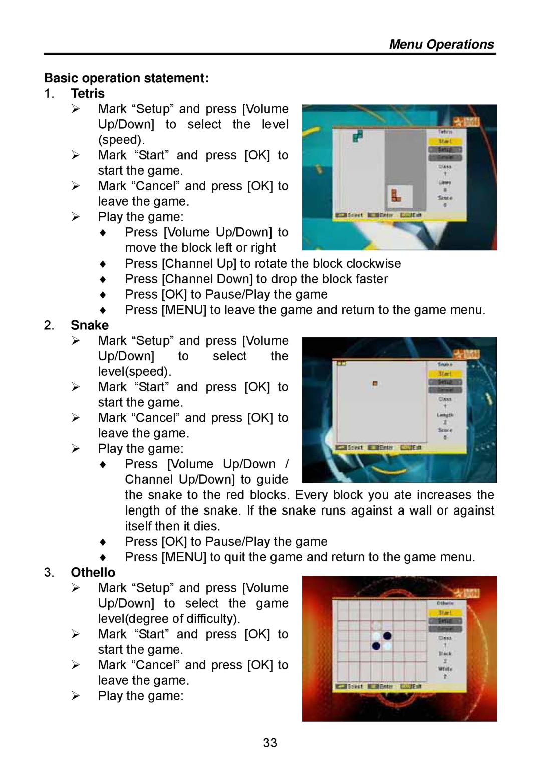 Triax TSR 1000 manual Basic operation statement Tetris, Snake, Othello 