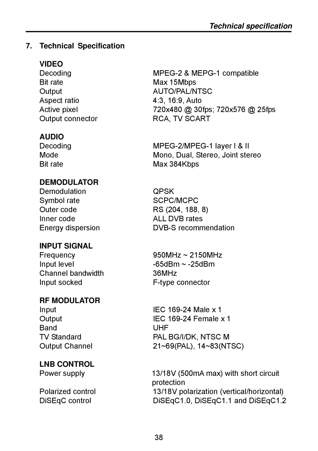 Triax TSR 1000 manual Technical specification, Technical Specification 