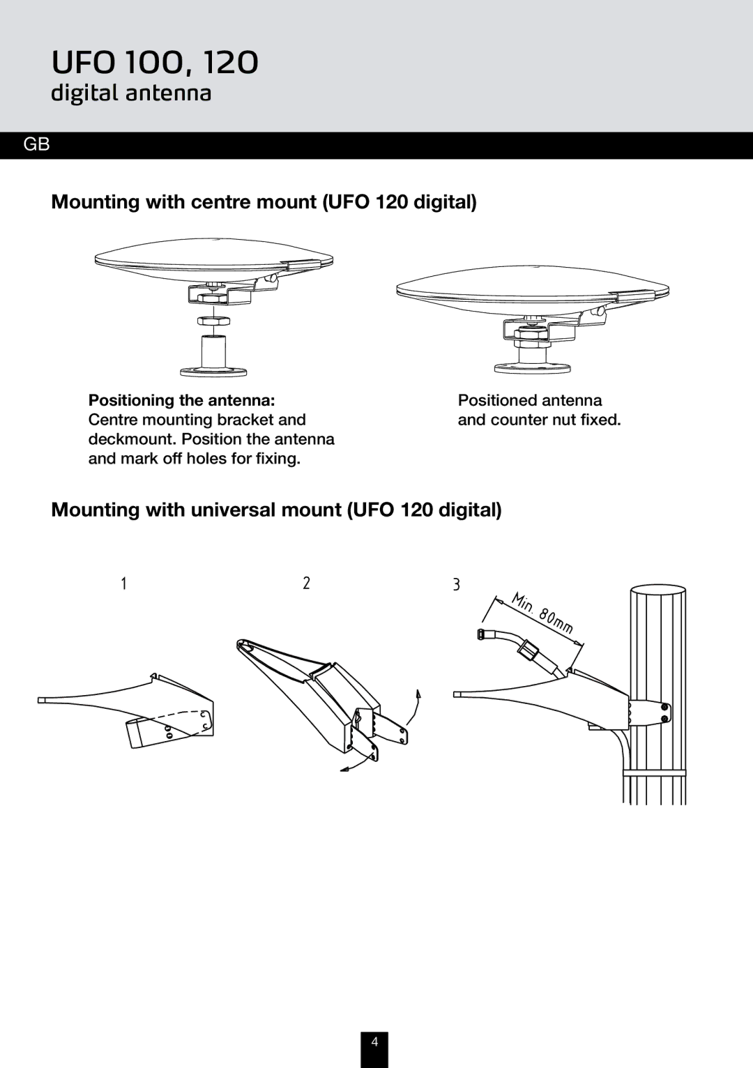 Triax UFO 100 manual Mounting with centre mount UFO 120 digital, Mounting with universal mount UFO 120 digital 