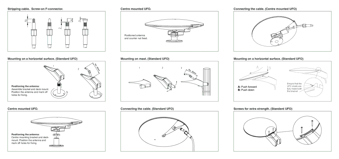 Triax UFO Marine Antenna manual Centre mounted UFO, Screws for extra strength. Standard UFO 