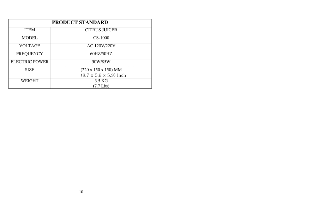 Tribest CS-1000 operation manual Product Standard 