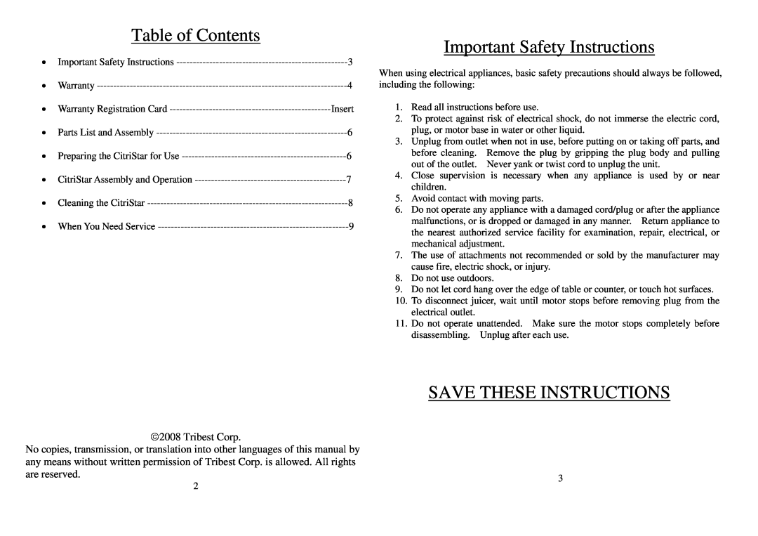 Tribest CS-1000 operation manual Table of Contents, Important Safety Instructions, Save These Instructions, Tribest Corp 