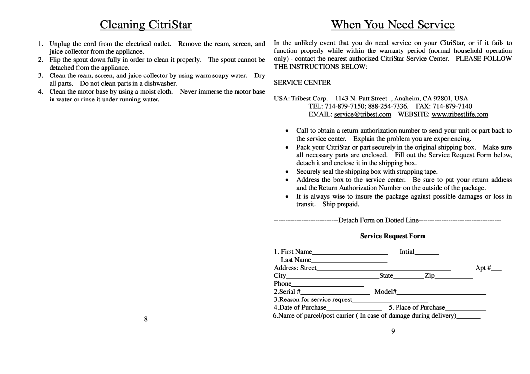 Tribest CS-1000 operation manual Cleaning CitriStar, When You Need Service 