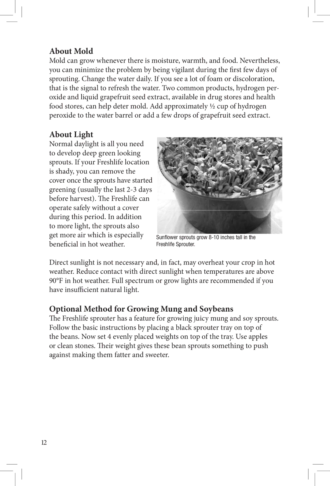 Tribest FL-3000 manual About Mold, About Light, Optional Method for Growing Mung and Soybeans 