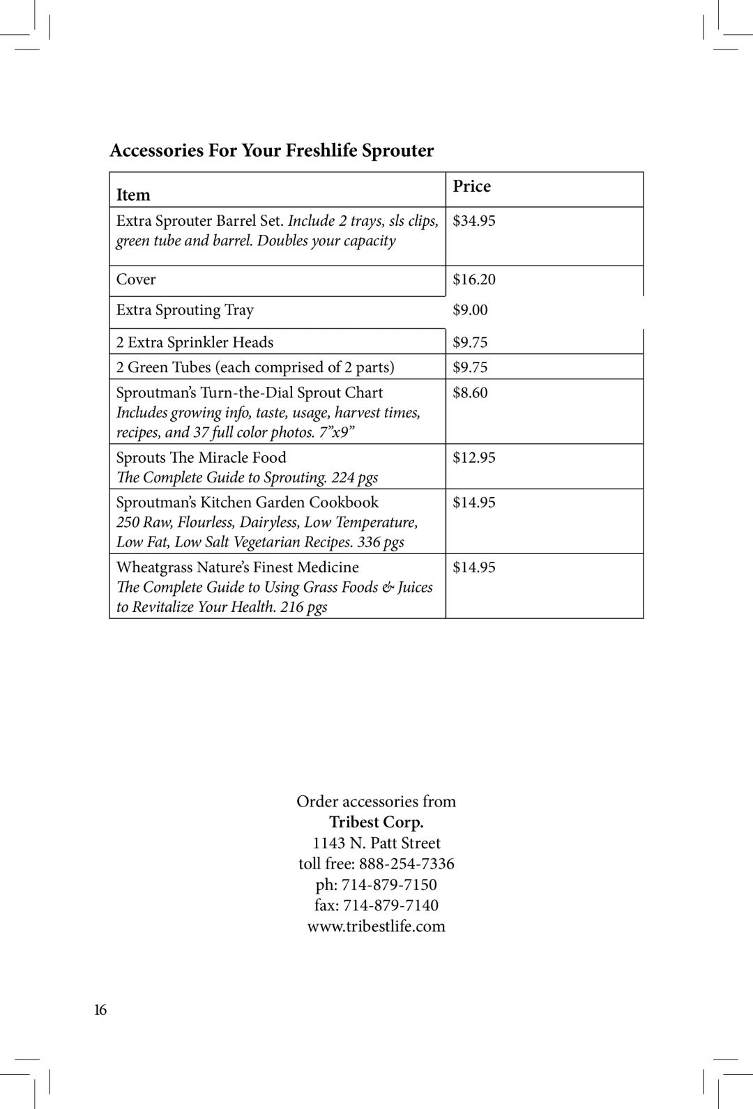 Tribest FL-3000 manual Accessories For Your Freshlife Sprouter, Price 