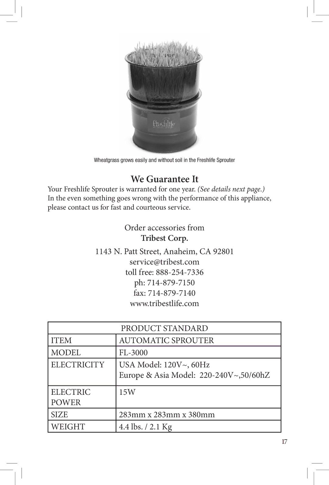 Tribest FL-3000 manual We Guarantee It, Tribest Corp 