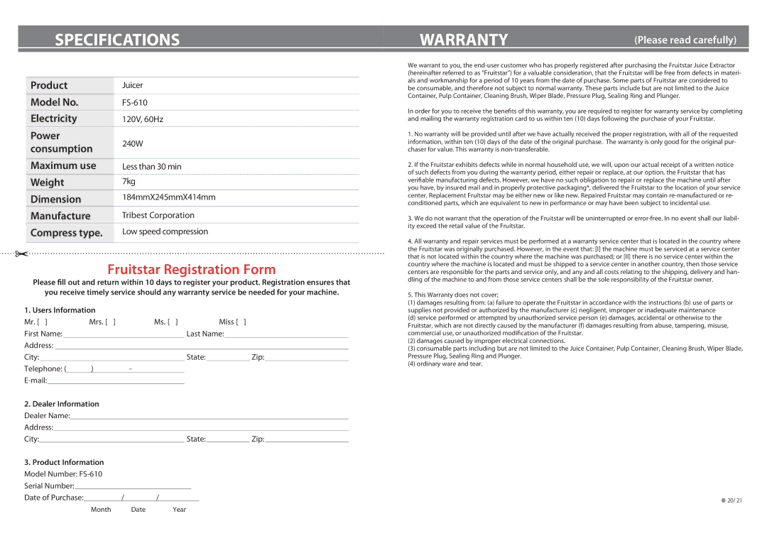 Tribest FS-610 manual Memo, SPECIFICATIONScation, NTYy, Please read carefully 