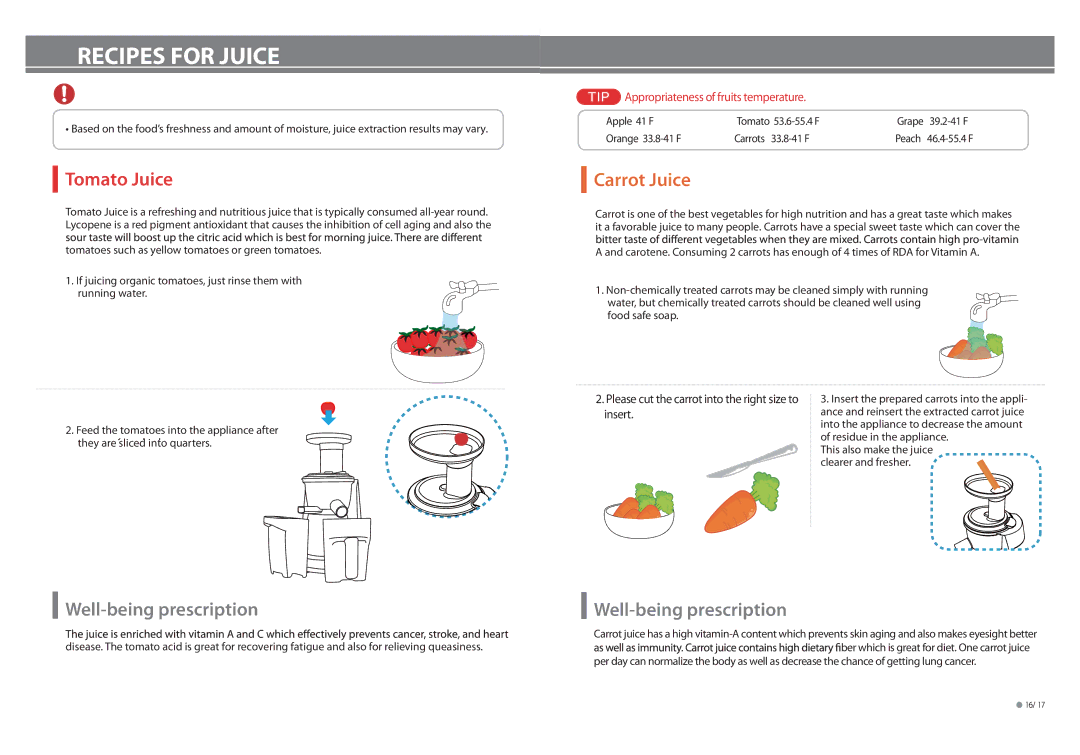 Tribest FS-610 manual RECIPESecipesfforFORJuicejuiceJUICE, Insert the tomatoes into the appliance 