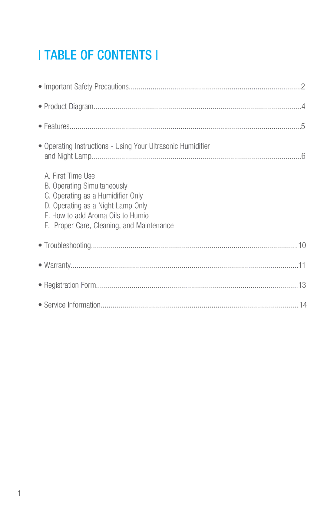 Tribest HU1020 owner manual Table of Contents 