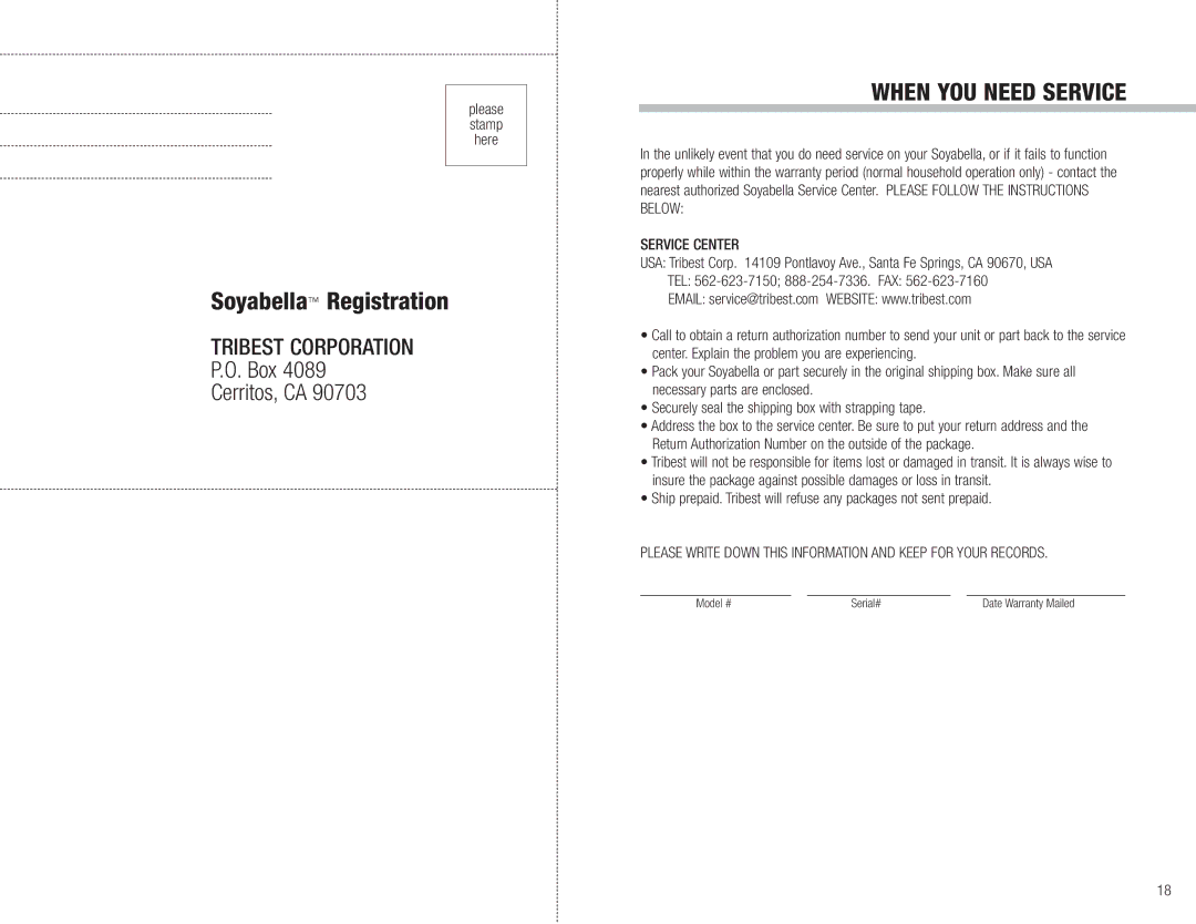 Tribest SB-130 manual When YOU Need Service, Service Center 