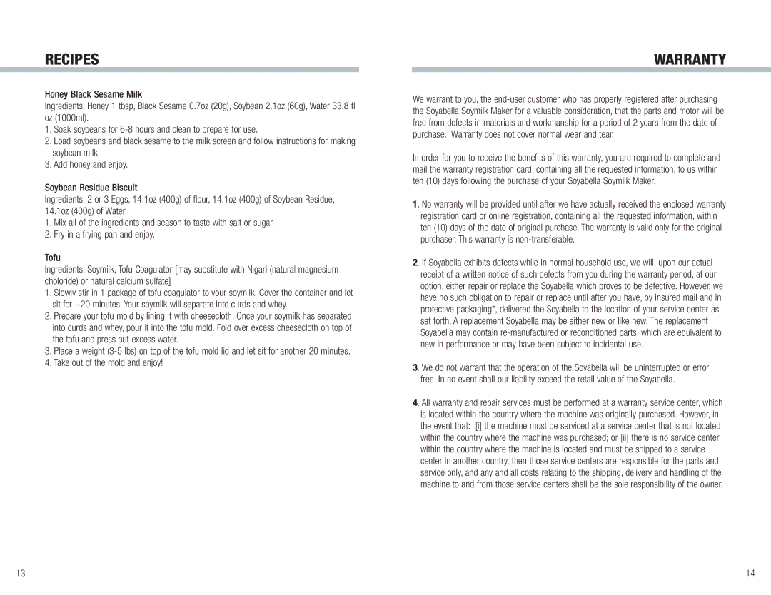 Tribest SB-130 manual Warranty 