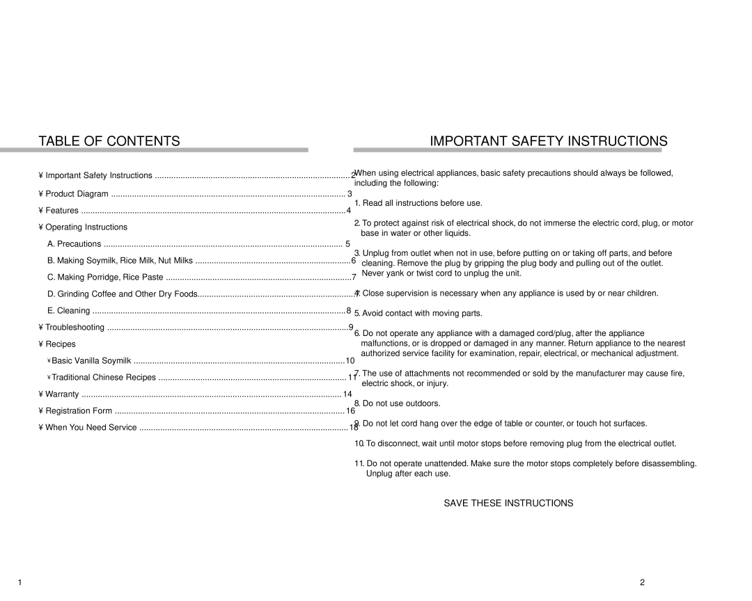 Tribest SB-130 manual Table of Contents, Important Safety Instructions 