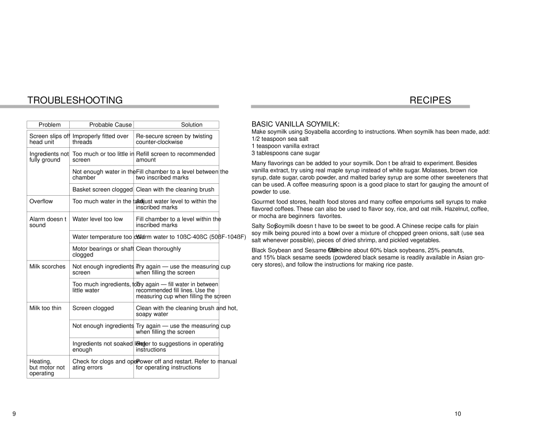 Tribest SB-130 manual Troubleshooting, Recipes, Basic Vanilla Soymilk 