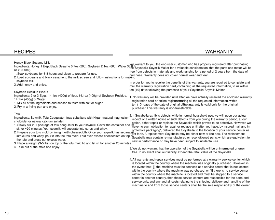 Tribest SB-130 manual Warranty 