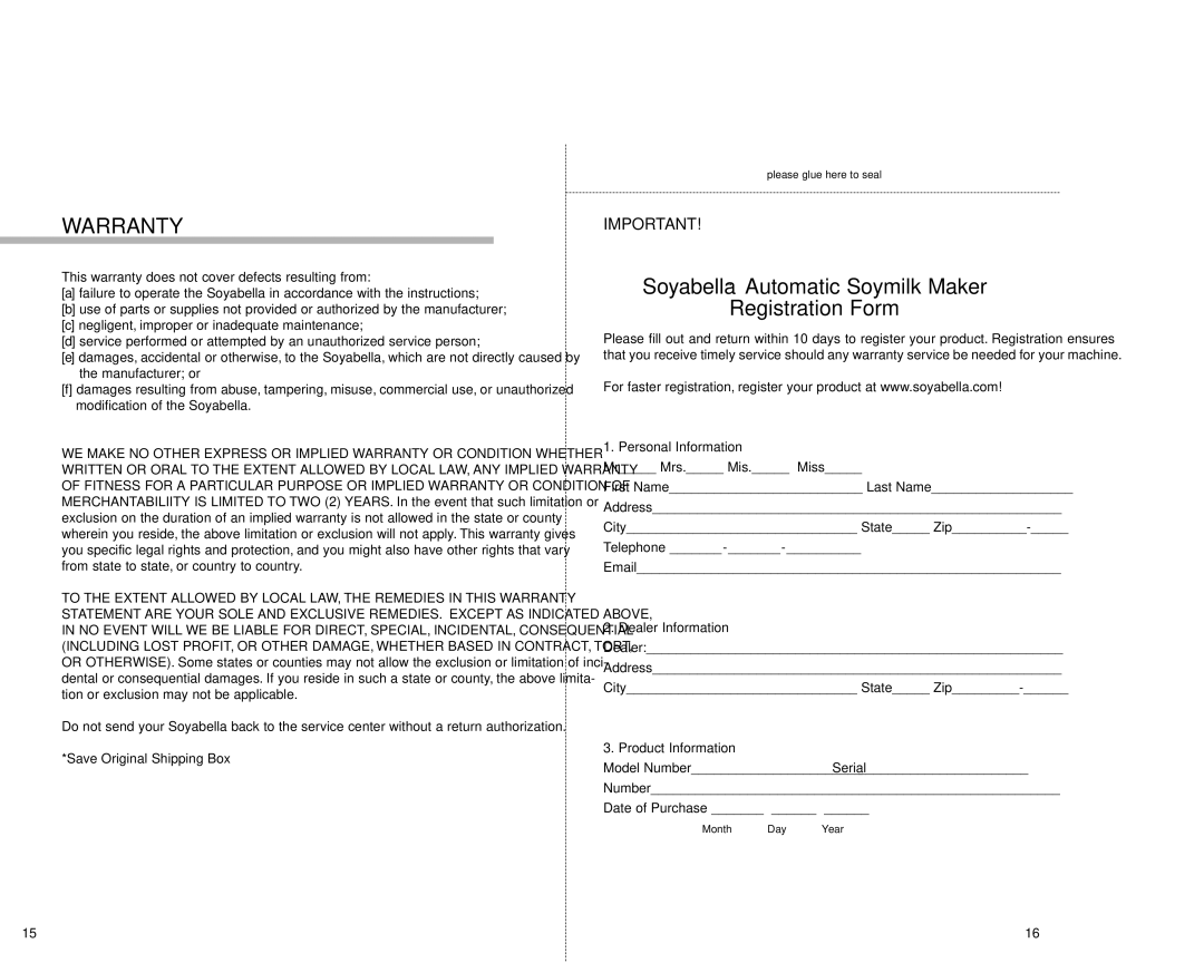 Tribest SB-130 manual Soyabella Automatic Soymilk Maker Registration Form 